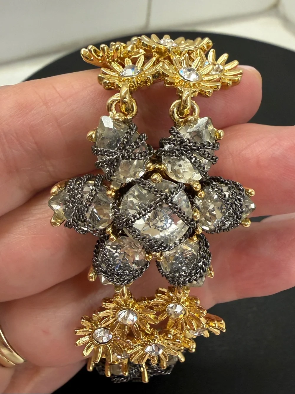 Ann Taylor Gold and Black Crystal Floral Bracelet
